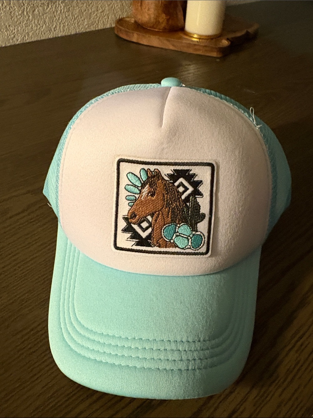 Kids Aqua and White Trucker Hat with Horse Patch